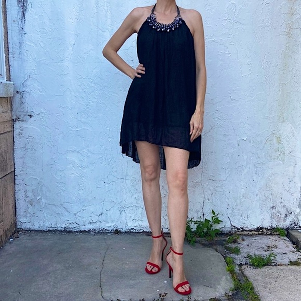 My Room Black Metallic Line Fully Lined High Low Halter Dress or Tunic Blouse!